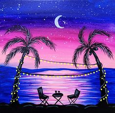 a painting of two chairs under palm trees at the beach with lights strung from them