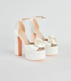 Make your way down the aisle as a bride, graduate, or into the formal party in these satin platform heels! They feature an open round toe, a wide strap with a lovely rose flower, a block heel, and a closed ankle with a strap and buckle closure. Complete the look with a chic.   Fit & Features    Open round toe  Wide strap, rose flower  Block heel  Chunky platform sole  Closed ankle, strap with buckle closure  Satin material  Runs true to size Satin Platform Heels, Jorge Gonzalez, Glitter Prom Dresses, Sequin Prom Dresses, Short Summer Dresses, Pink Prom, Satin Roses, Prom Dress Shopping, Green Prom Dress