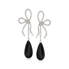 Ross-Simons - Black Onyx and 1.20 ct. t.w. Cubic Zirconia Bow Drop Earrings in Sterling Silver. Sleek black onyx teardrop earrings are sweetened by 1.20 ct. t.w. brilliant-cut CZ bows in sterling silver. Hanging length is 2 1/2". Post/clutch, CZ and black onyx drop earrings. CZ weights are diamond equivalents. Silver And Black Jewelry, Earrings For Black Dress, Silver Prom Jewelry, Blue Topaz Pendant Necklace, Black Drop Earrings, Blue Aquamarine Ring, Emerald Earrings Drop, Black Diamond Earrings, Lapis Jewelry