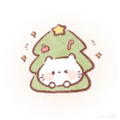 a drawing of a cat sleeping under a christmas tree with candy on it's head