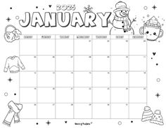 a calendar with the word january on it and pictures of snowmen, hats, mittens