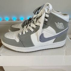 Women's Air Jordan 1 Mid White Gray Blue Suede Size 8 Worn Once; They Come In Original Box. Comes With Crease Guards That We Purchased Separately. Comes With Gray And White Laces. Crease Guards, Air Jordan 1 Mid White, Jordan 1 Mid White, Womens Air Jordans, Womens Jordans, Air Jordan 1 Mid, Jordan 1 Mid, Blue Suede, Air Jordan 1