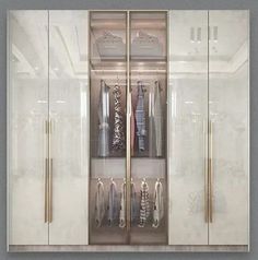 an image of a closet with clothes on hangers and glass doors in the middle