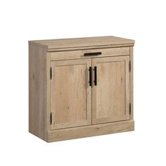 a wooden cabinet with two doors and drawers