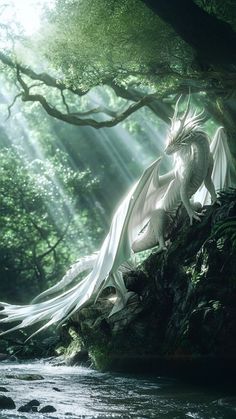 a white dragon sitting on top of a rock next to a river in the forest