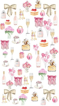 a bunch of pink flowers and bottles on a white background with balloons, bows, and other items