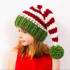 Our chunky Christmas elf stocking cap hat knitting pattern makes the perfect family Christmas photography prop or winter hat for your little one. This pattern is a twist on our original Christmas cap. Changes are - slower, more gradual decrease as you work Mini Xmas Hats Knitted, Baby Stocking Hat Free Pattern, Christmas Hat Knitted, Knitted Free Pattern Christmas Story Stocking Hat, Christmas Knit Hat Pattern, Christmas Knitting Hats, Knitted Christmas Elf Hats, Circular Knitting Machine Santa Hat, Christmas Yarn Hat