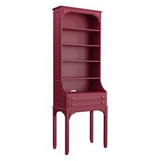 a tall red bookcase with drawers on the bottom and one drawer at the top