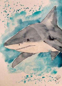 a drawing of a shark in watercolor on paper with blue and white paint splatters