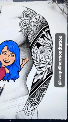 a drawing of a girl with blue hair and tattoos on her arm holding a cell phone