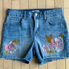 Nwot Kensie Floral Embroidered Denim Shorts. Light Blue W/Floral Embroidery On Front Of Both Legs. Side Slits. Unfinished Trim. Stretch Denim. Embroidered Medium Wash Denim Bottoms, Embroidered Denim Bottoms In Medium Wash, Embroidered Medium Wash Denim Jean Shorts, Blue Floral Embroidered Cutoff Jean Shorts, Embroidered Medium Wash Denim Shorts, Blue Floral Embroidery Cutoff Jean Shorts, Blue Cutoff Jean Shorts With Floral Embroidery, High-rise Denim Bottoms With Floral Embroidery, Embroidered Medium Wash Short Jeans