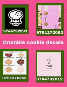 some cookies are on a pink and green background with the words crumble cookie decals