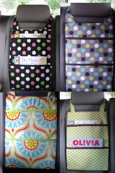 four different bags in the back of a car with polka dots on them and one has a name tag that says, i'll be there