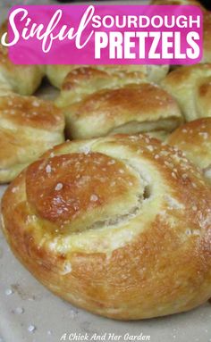 some very tasty looking pastries on a plate with the words, saffful sourdough pretzels