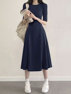 Navy Blue Casual Collar Half Sleeve Fabric Plain A Line Embellished Medium Stretch  Women Clothing Long Midi Dress, Women Midi, Navy Dress, Inspiration Mode, Type A, Basic Style, Swimwear Accessories, Casual Shoes Women, Long Sleeve Casual