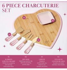 a wooden heart shaped cutting board with utensils in it and instructions on how to use it