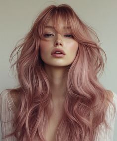 Wavy hair with rose quartz pink hues, offering a gentle and elegant appearance. Perfect for a subtle and refined look. Light Pink Hair On Blonde, Blondish Pink Hair, Ginger To Pink Hair, Soft Hair Color Ideas, Rose Gray Hair, Brunette To Pink Hair, Rosy Pink Hair, Dusky Pink Hair, Pink Toned Hair