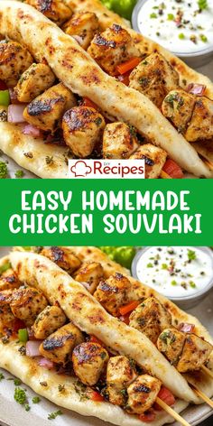 chicken skewers on a plate with dips and sauce in the background text reads easy homemade chicken souvlaki