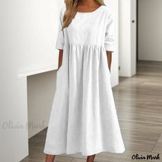 Olivia Mark - Classic Round Neck Half-Sleeve Loose-Fit Long Monochrome Cotton Linen Dress Legging Jeans, Cotton Linen Dresses, Neckline Dress, Linen Casual, Solid Color Dress, Weave Style, Round Neck Dresses, Cotton Midi Dress, Large Dress