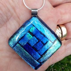 Blue/green fused dichroic glass square pendant,unique,sterling silver bail and chain,gift boxed,geom Dark Aqua, Fairy Pendant, Green Pendant, Green Pendants, Glass Fusing, Square Pendant