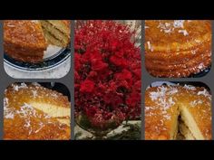 several pictures of different types of cakes with flowers in the middle and on each side