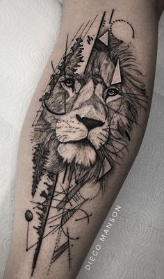 a black and white tattoo with a lion on the thigh, surrounded by geometric shapes