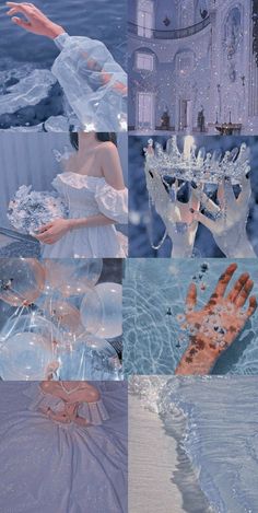 a collage of photos with water, sand and hands in the middle one is wearing a white dress