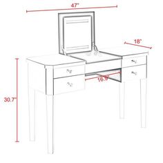 a white desk with a mirror on it and measurements for the top drawer, shown from the side