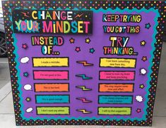 a bulletin board that says change your mindset instead of try thinking and learn how to use it