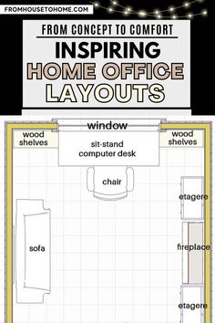 a floor plan for a home office layout with the words, from concept to comfort