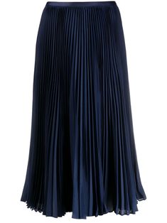 navy blue high-waisted fully pleated mid-length Conscious: This item is made from at least 50% recycled or upcycled materials. For recycled synthetic clothing products we highly recommend using a microfibre-catching washing bag to ensure that no microplastics that can pollute water are released in the process. Blue Pleated Skirt Outfit, Blue Skirt Outfits, Navy Pleated Skirt, Pleaded Skirt, Blue Pleated Skirt, Navy Blue Skirt, Navy Skirt, Mid Length Skirts, Blue Skirt