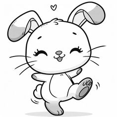 a cartoon bunny running with its ears open and eyes closed, in black and white