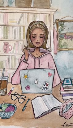 a drawing of a woman sitting at a desk with a laptop and books on it