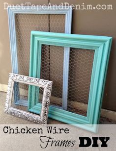 three frames with chicken wire in them sitting next to each other