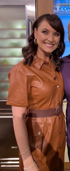 Classic Leather Collared Top, Chic Faux Leather Button-up Dress, Leather Dresses Mistress, Carol Kirkwood, Brown Long-sleeved Leather Outerwear, Celebrities