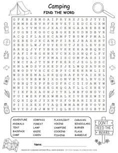 the camping word search is shown in this printable worksheet to help students learn how