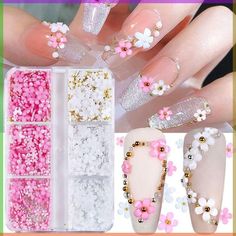 Nail Art With Charms, Nail Pearls, Flower Nail Charms, Beads Nail Art, 3d Flower Nails, Nail Rhinestones, Pink Gel Nails, Summery Nails, Flower Nail