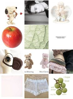 there are many different pictures in this collage with apples, teddy bears and other things