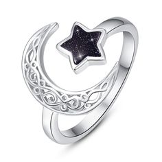 PRICES MAY VARY. 【Moon and Star Ring】 Star ring are embellished with blue sandstone, the ring reflects the light of color in the sun. Make you full of charm and elegance. The stars represent hope and good luck, the moon represents companionship. Moon star ring is the best gift for friends and lovers. 【Adjustable Rings】 Star moon rings size is 8#, can be adjusted slightly (7# - 9#). Weight: 2.65g. 【Material】 Moon ring was Made by hypoallergenic 925 sterling silver, sterling silver star ring with Rings Star, Moon Rings, Star Rings, Galaxy Ring, Celestial Ring, Moon And Star Ring, Blue Sandstone, Gold Sun, Moon Ring