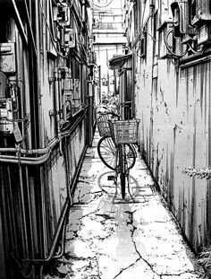 black and white drawing of an alley with a bicycle parked in the middle, surrounded by industrial buildings