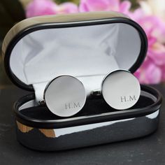 These Silver Personalised Engraved Initial Round Wedding Cufflinks make the perfect gift for your partner or for a newly married couple. Our engraved wedding cufflinks are a great fashion accessory and complement any shirt and suit combination.  These cufflinks can be personalised with any text you require for a truly bespoke, personal gift. PLEASE LEAVE ALL ENGRAVING DETAILS IN THE PERSONALISATION BOX All our cufflinks are presented in either a stylish black faux leather cufflink box or you can Elegant Cufflinks With Gift Box For Father's Day, Elegant Cufflinks In Gift Box For Father's Day, Elegant Father's Day Cufflinks In Gift Box, Classic Jewelry Gift For Father's Day, Classic Jewelry Gift Box For Father's Day, Formal Cufflinks With Gift Box For Father's Day, Silver Engraved Cufflinks For Gift, Modern Cufflinks As Gift, Silver Engraved Cufflinks As Gift