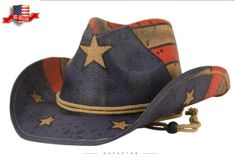 Classic Vintage American Flag Cowboy Hat - - Freedom Justice Created from a coated and formed straw to retain the perfect shape, features a shapeable brim. American Flag Stars and Stripes Print, Faux Leather Band with Bronze Metal Star Studs. The hat is one size that fits up to 23 Inches, This Unforgettable Patriotic Cowboy Hat is a MUST-HAVE! Makes a great gift! Available for a limited time only Complete your country style with this Straw Cowboy Hat from Hat Star. These cowboy hats are made from 100% paper straw. Features include an elastic band that ensures a snug & comfortable fit and helps serve as a sweatband on those hot summer days. These cowboy hats feature a 4" wide brim that is bowed on the sides and a 4" deep crown. The glass beads and holes design help add that unique style to American Flag Cowboy Hat, American Flag Stars, Straw Cowboy Hat, Metal Star, Vintage American Flag, Pop Art Style, Metal Stars, Western Hats, Bronze Metal