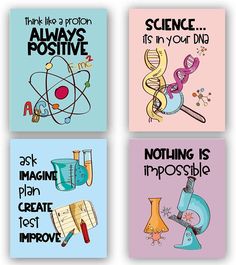 four science cards with the words think like a proton, always positive, and not in your