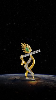 a gold and diamond broochle on top of the earth, with an arrow in the middle