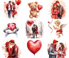 watercolor illustrations of valentine's day with teddy bears and hearts