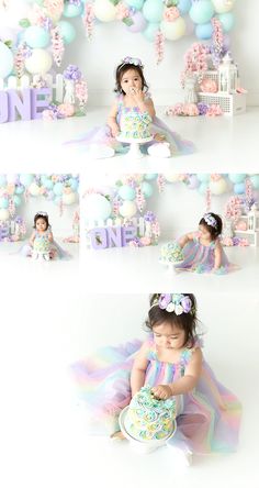 1st Birthday Balloon Ideas, Smash Cake Photoshoot Butterfly, Canticos Photoshoot, Rainbow Cake Smash Photoshoot, Baby Girl One Year Birthday Cake, 1st Year Birthday Photoshoot, Pastel Rainbow Photoshoot, Whimsical Cake Smash, Rainbow 1st Birthday Photoshoot