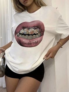 Oversized Rhinestone Angel & Lips Print White Short Sleeve T-Shirt, Women White   Half Sleeve Knitted Fabric   Slight Stretch Summer Women Clothing, size features are:Bust: ,Length: ,Sleeve Length: Tee Shirt Oversize, Oversize Outfit, Lips Shirt, Outfit Oversize, 2000s Streetwear, 2000s Clothes, Shirt Oversize, Beauty Goals, Lips Print