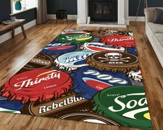 a living room area rug with various types of soda bottle caps on it