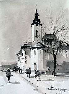 watercolor painting of people walking in front of a white building with a clock tower