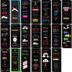 the chalkboard bookmarks are lined up in different colors and styles, with writing on them